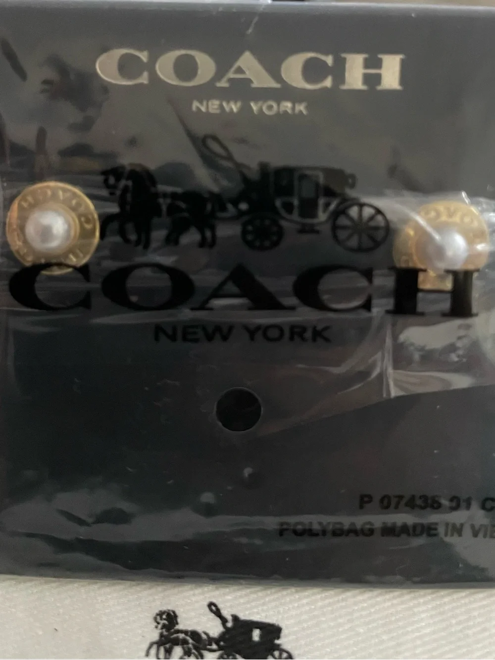 COACH Gold and Pearl Logo Round Stud Earrings - Picture 3 of 3